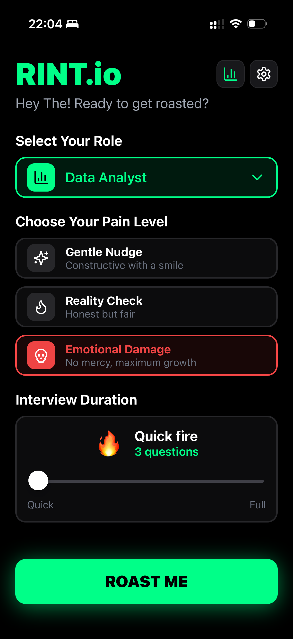 RINT AI interview coach role and roast settings