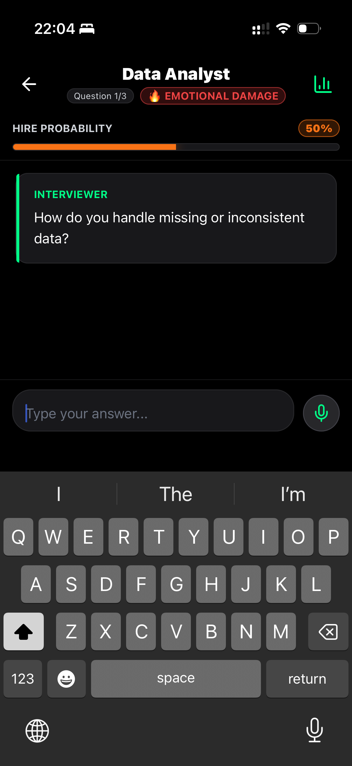 RINT mock interview question screen with hire probability