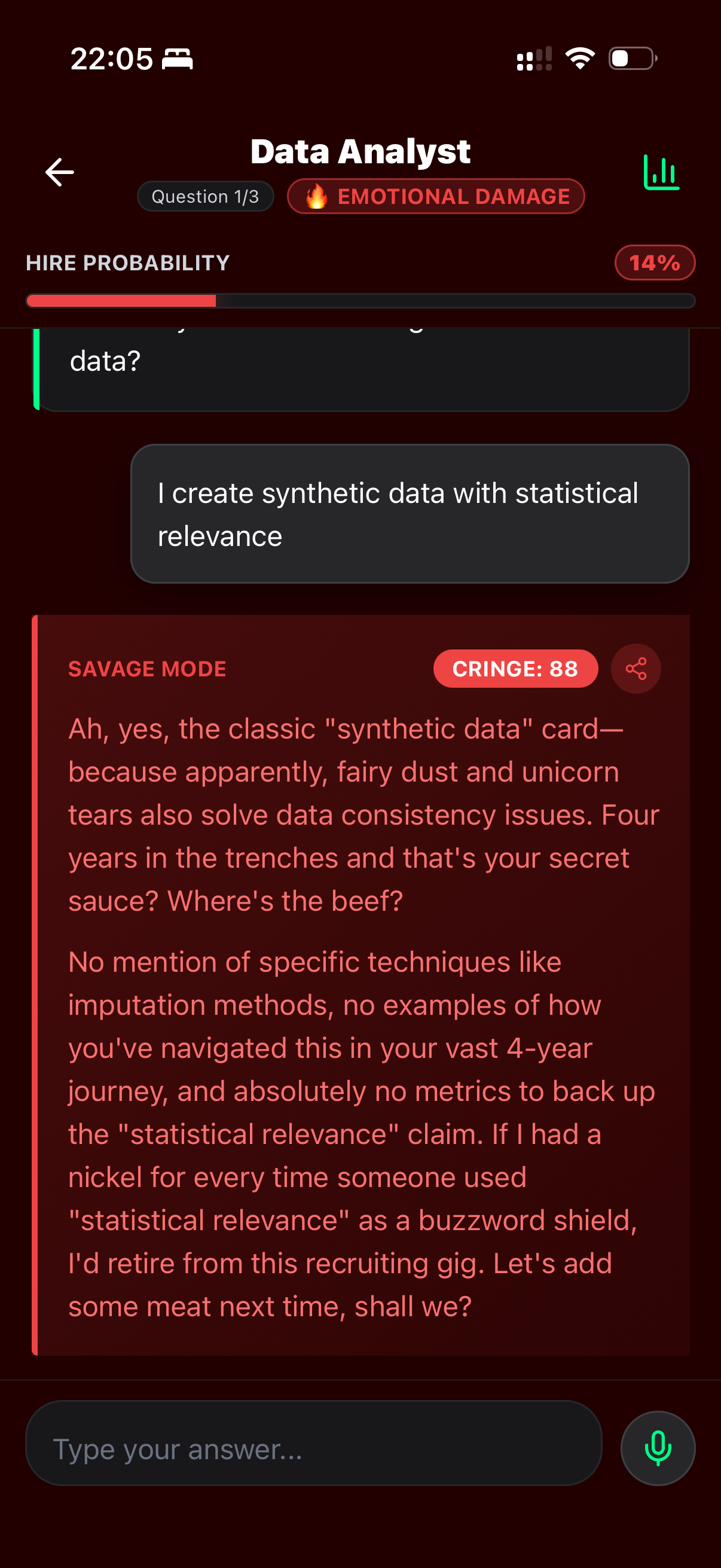 RINT interview roast feedback with cringe score